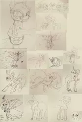 Size: 768x1152 | Tagged: safe, artist:mysteriousshine, derpibooru import, applejack, daybreaker, fluttershy, nightmare moon, pinkie pie, rainbow dash, rarity, twilight sparkle, alicorn, bat pony, bat pony alicorn, earth pony, pegasus, pony, unicorn, wolf, wolf pony, bat wings, bust, clothes, eyepatch, female, future twilight, helmet, hoof shoes, horn, lineart, mane six, mare, raised hoof, sketch, smiling, smirk, species swap, spread wings, torn clothes, traditional art, wings