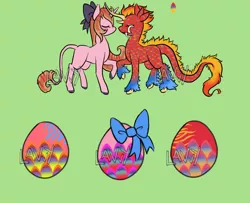 Size: 1600x1300 | Tagged: safe, artist:lavvythejackalope, derpibooru import, oc, oc:blaze, oc:ribbon blossom, unofficial characters only, dragon, pony, unicorn, bow, colored hooves, dragon oc, egg, eyes closed, fangs, hair bow, hoof fluff, horn, interspecies offspring, leonine tail, oc x oc, offspring, raised hoof, shipping, simple background, unicorn oc