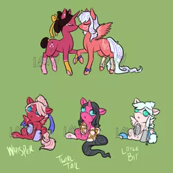 Size: 1500x1500 | Tagged: safe, artist:lavvythejackalope, derpibooru import, oc, oc:class act, oc:little bit, oc:tiptoe, oc:whisper, unofficial characters only, pegasus, pony, unicorn, :o, amputee, baby, baby pony, bow, eyes closed, hair bow, horn, leg warmers, open mouth, pegasus oc, prosthetic limb, prosthetics, raised hoof, ribbon, simple background, sitting, spread wings, tattoo, underhoof, unicorn oc, wide eyes, wings