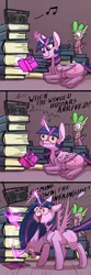 Size: 1200x3600 | Tagged: safe, artist:underpable, derpibooru import, spike, twilight sparkle, twilight sparkle (alicorn), alicorn, dragon, pony, :t, >:d, belly fluff, blushing, book, chest fluff, comic, cute, devil horn (gesture), dilated pupils, dork, duo, facepalm, faic, feather, female, fluffy, glowing eyes, glowing horn, hand, headbang, horn, magic, magic hands, majestic as fuck, male, mare, messy mane, metal horns, nose wrinkle, open mouth, ponyloaf, prone, radio, rock, sabaton, shrunken pupils, smiling, song reference, spread wings, telekinesis, twiabetes, underhoof, wide eyes, wing fluff, winged hussar, wings