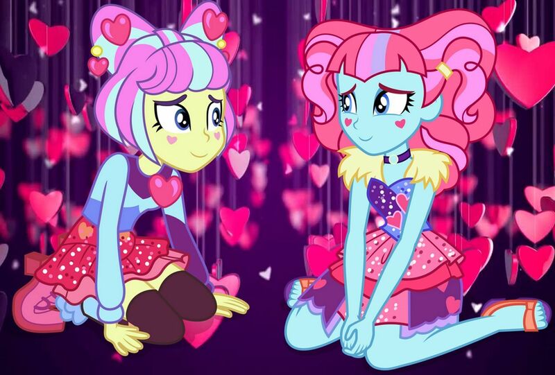 Size: 1280x865 | Tagged: safe, artist:supersamyoshi, derpibooru import, kiwi lollipop, supernova zap, equestria girls, equestria girls series, sunset's backstage pass!, spoiler:eqg series (season 2), duo, female, heart, k-lo, kiwinova, lesbian, postcrush, purple background, shipping, simple background, su-z