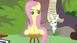 Size: 1920x1080 | Tagged: safe, derpibooru import, screencap, angel bunny, fluttershy, pony, rabbit, she talks to angel, animal, checklist, duo, female, jumping, male, mare, raised eyebrow, sitting, stool