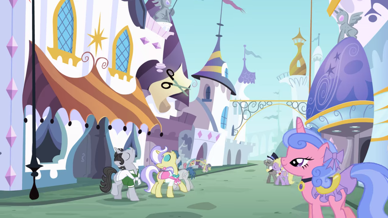 Size: 2000x1124 | Tagged: safe, derpibooru import, screencap, caesar, count caesar, jet set, lyrica lilac, pish posh, royal ribbon, silver frames, swan song, upper crust, earth pony, pony, unicorn, sweet and elite, background pony, banner, canterlot, choker, city, clothes, eyes closed, female, male, mare, nose in the air, saddle, stallion, street, sweater, tack