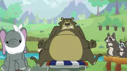 Size: 1920x1080 | Tagged: angry, bear, chair, derpibooru import, elephant, lawn chair, male, muriel, raccoon, safe, screencap, she talks to angel, smoky jr., softpad, stool