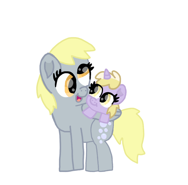 Size: 1080x1061 | Tagged: safe, artist:chespinfan, derpibooru import, derpy hooves, dinky hooves, pegasus, pony, unicorn, duo, equestria's best mother, female, filly, mare, mother and child, mother and daughter, simple background, white background