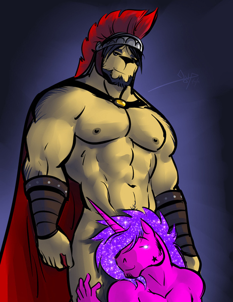 Size: 539x700 | Tagged: questionable, artist:bgn, derpibooru import, oc, oc:duke, unofficial characters only, anthro, unicorn, abs, armor, beard, censored, cloak, clothes, digital art, duo, facial hair, fantasy class, furry, gay, guard, headgear, helmet, horn, looking at you, male, muscles, nipples, nudity, partial nudity, pecs, warrior