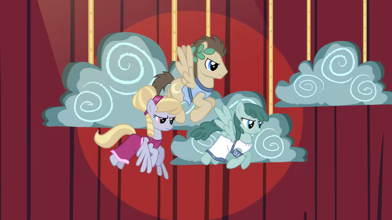 Size: 2000x1124 | Tagged: safe, derpibooru import, screencap, cloud kicker, crescent pony, mane moon, spring melody, sprinkle medley, pegasus, pony, hearth's warming eve (episode), background pony, clothes, cloud, dress, female, flying, frown, laurel wreath, male, mare, pegasus tribe, play, rope, stallion, trio