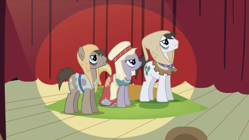 Size: 2000x1126 | Tagged: safe, derpibooru import, screencap, doctor whooves, flurry, lucky clover, time turner, earth pony, pony, hearth's warming eve (episode), background pony, clothes, earth pony tribe, female, frown, hat, hood, looking up, male, mare, patches, play, stallion, trio