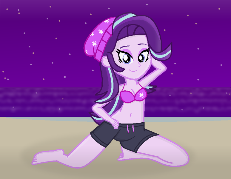 Size: 1024x794 | Tagged: suggestive, artist:grapefruitface1, derpibooru import, starlight glimmer, equestria girls, armpits, barefoot, beach, board shorts, bra, breasts, clothes, feet, fixed, hand behind back, hand on hip, happy, looking at you, night, sexy, shorts, smiling, smiling at you, stars, sultry pose, tomboy, underwear, updated