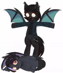 Size: 941x1080 | Tagged: safe, artist:undermaru, derpibooru import, oc, oc:vantablack, unofficial characters only, bat pony, pony, asserting dominance, bat pony oc, bat wings, bipedal, clothes, glowing eyes, jacket, open mouth, scared, shirt, shrunken pupils, sweat, t pose, wings