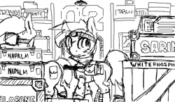 Size: 1553x902 | Tagged: safe, derpibooru import, oc, unofficial characters only, earth pony, pony, ammunition, battle saddle, black and white, black background, boots, clothes, facility, goggles, grayscale, headlamp, implied apocalypse, monochrome, ms paint, munitions, shoes, simple background, weapon, weapons of mass destruction