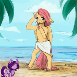 Size: 4000x4000 | Tagged: safe, artist:miokomata, derpibooru import, fluttershy, oc, oc:dazzling talents, alicorn, pegasus, pony, semi-anthro, alicorn oc, beach, bipedal, blushing, chest fluff, colored hooves, duo, female, floppy ears, freckles, freckleshy, horn, looking at you, mare, towel, towel around waist, wings