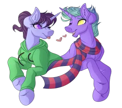 Size: 3296x2920 | Tagged: safe, artist:amazing-artsong, derpibooru import, oc, oc:aveon, oc:lilac, unofficial characters only, pony, unicorn, clothes, female, high res, hoodie, male, mare, prone, scarf, simple background, stallion, transparent background