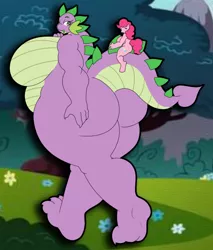 Size: 682x800 | Tagged: suggestive, artist:xskullstomperx, derpibooru import, pinkie pie, spike, anthro, dragon, earth pony, plantigrade anthro, unguligrade anthro, barb, barbie doll anatomy, big breasts, breasts, busty barb, busty pinkie pie, fat, featureless breasts, female, giantess, huge breasts, impossibly wide hips, macro, rule 63, size difference, the ass was fat, thighs, thunder thighs, wide hips