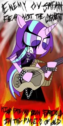 Size: 1080x2160 | Tagged: safe, artist:arterialblack716, derpibooru import, starlight glimmer, anthro, pony, unicorn, angry, black metal, bracelet, christian black metal, christianity, clothes, corpse paint, cross necklace, emo, eye clipping through hair, fire, goth, guitar, metal, musical instrument, pants, shirt, solo, spiked wristband, starlight glimmer day, teenage glimmer, teenager, unblack metal, wristband