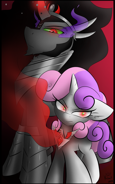 Size: 1000x1600 | Tagged: safe, artist:kingkrail, derpibooru import, king sombra, sweetie belle, pony, unicorn, alicorn amulet, corrupted, corrupted sweetie belle, edgy, glowing eyes, glowing horn, gradient background, horn, jojo's bizarre adventure, magic