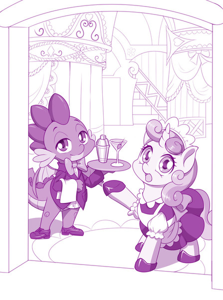 Size: 954x1280 | Tagged: safe, artist:dstears, derpibooru import, seven seas, spike, sweetie belle, dragon, pony, unicorn, my little pony: the manga, alcohol, bowtie, carousel boutique, clothes, cute, duo, female, filly, looking at you, maid, male, martini, monochrome, purple, shoes, tuxedo, winged spike