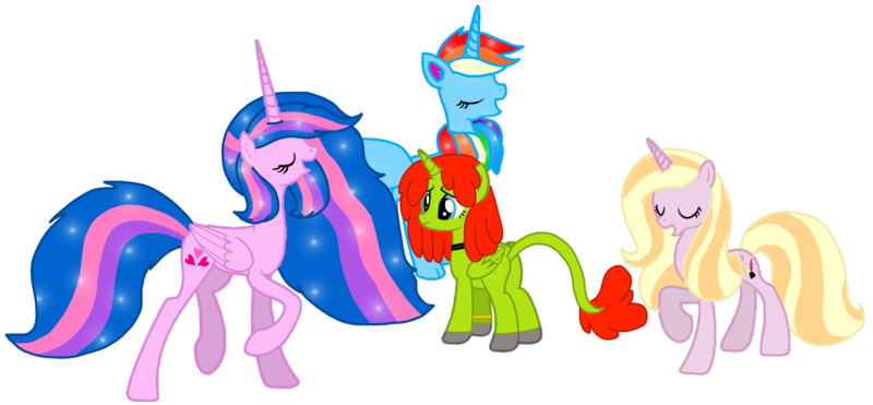 Size: 2240x1040 | Tagged: safe, artist:徐詩珮, derpibooru import, oc, oc:hsu amity, oc:ola tiger, oc:radiante radium, oc:rainbow eevee, ponified, alicorn, eevee, object pony, original species, pony, radioactive pony, alicorn oc, alicornified, base used, element pony, female, horn, mare, older, pokémon, race swap, radioactive, simple background, transparent background, wings