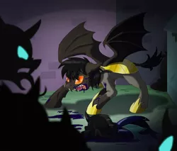 Size: 1024x872 | Tagged: semi-grimdark, artist:ravenpuff, deleted from derpibooru, derpibooru import, oc, oc:hunter, bat pony, changeling, pony, blood, changeling blood, dead changeling, death, fangs, male, murder, purple blood, royal guard, slit eyes, stallion