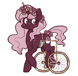 Size: 960x935 | Tagged: safe, artist:spetu, derpibooru import, oc, oc:rose tea (spetu), unofficial characters only, pony, unicorn, female, flower, flower in hair, freckles, horn, horn jewelry, jewelry, mare, simple background, solo, wheelchair, white background