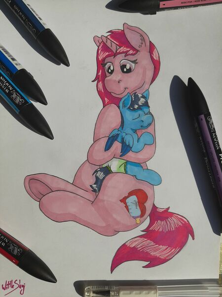 Size: 3024x4032 | Tagged: safe, artist:wittleskaj, derpibooru import, oc, oc:mantra, oc:skaj, pegasus, pony, unicorn, baby, baby pony, caretaker, colt, cuddling, diaper, female, foal, horn, male, mare, pegasus oc, promarker, traditional art, unicorn oc, wings