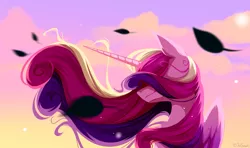 Size: 4237x2500 | Tagged: safe, artist:jun1313, derpibooru import, princess cadance, alicorn, pony, digital art, female, leaves, mare, smiling, solo, windswept mane