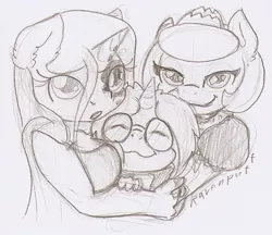 Size: 559x484 | Tagged: safe, artist:ravenpuff, deleted from derpibooru, derpibooru import, oc, oc:golden dancer, oc:pristine polish, oc:umbreow, anthro, unicorn, chibi, female, glasses, mare, monochrome, traditional art