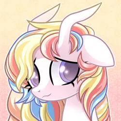 Size: 1000x1000 | Tagged: safe, artist:iheartjapan789, derpibooru import, oc, oc:rainbow dreams, pegasus, pony, bust, female, hair over one eye, horn, simple background, yellow background