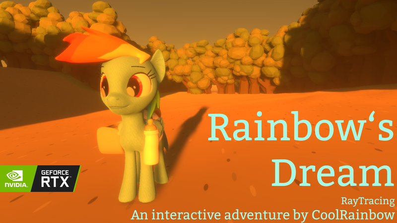 Size: 3840x2160 | Tagged: safe, artist:coolrainbow20, derpibooru import, rainbow dash, pegasus, pony, baby, baby bottle, baby pony, bag, bloom, cute, dashabetes, detailed, details in the description, diaper, evening, female, forest, game:rainbow's dream, milk bottle, nvidia, pebbles, ray tracing, rtx, saddle bag, shadow, sky, solo, tree, uhd, video at source, video game