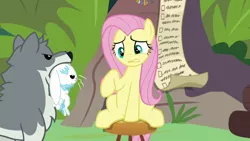 Size: 1920x1080 | Tagged: safe, derpibooru import, screencap, angel bunny, fluttershy, sandra, pony, wolf, she talks to angel, checklist, drool, female, male, mare, mouth hold, raised hoof, sitting