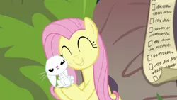 Size: 1920x1080 | Tagged: safe, derpibooru import, screencap, angel bunny, fluttershy, pony, rabbit, she talks to angel, animal, annoyed, checklist, duo, eyes closed, female, mare, smiling