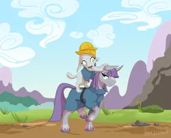 Size: 2114x1712 | Tagged: safe, artist:parrpitched, deleted from derpibooru, derpibooru import, maud pie, oc, diamond dog, pony, adopted offspring, diamond dog oc, dogs riding ponies, female, hard hat, helmet, mother and child, parent:maud pie, unshorn fetlocks