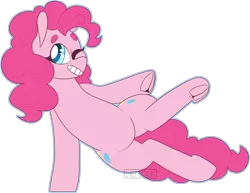 Size: 2258x1743 | Tagged: safe, artist:liefsong, derpibooru import, pinkie pie, earth pony, beanbrows, eyebrows, frog (hoof), grin, one eye closed, simple background, smiling, smiling at you, solo, transparent background, underhoof, wink, winking at you