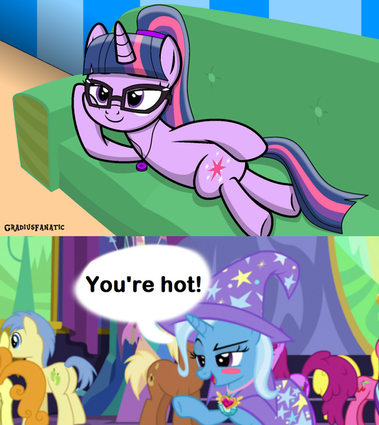 Size: 1280x1436 | Tagged: safe, artist:gradiusfanatic, derpibooru import, edit, edited screencap, screencap, sci-twi, trixie, twilight sparkle, ponified, pony, celestial advice, road to friendship, draw me like one of your french girls, equestria girls ponified, female, lesbian, meme, sci-twixie, shipping, shipping domino, twixie