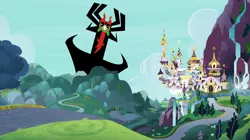 Size: 800x448 | Tagged: aku, canterlot, derpibooru import, edit, edited screencap, safe, samurai jack, screencap, this will end in death, this will end in tears, this will end in tears and/or death, waterfall