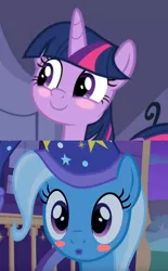 Size: 536x866 | Tagged: alicorn, blushing, derpibooru import, edit, edited screencap, female, lesbian, safe, screencap, shipping, shipping domino, the ending of the end, to where and back again, trixie, twilight sparkle, twilight sparkle (alicorn), twixie