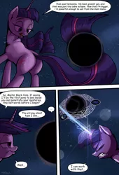 Size: 1920x2816 | Tagged: safe, artist:shieltar, derpibooru import, part of a set, twilight sparkle, pony, unicorn, comic:giant twilight, black hole, butt, comic, cute, dialogue, female, giant pony, giantess, glowing horn, horn, jewelry, macro, magic, magic circle, mare, necklace, part of a series, pony bigger than a planet, pony bigger than a solar system, pony bigger than a star, signature, size difference, solo, space, stars, twiabetes