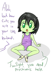 Size: 1000x1414 | Tagged: safe, artist:happy harvey, derpibooru import, oc, oc:anonfilly, equestria girls, child, clothes, colored pupils, dialogue, drawn on phone, female, filly, gymnast, gymnastics, implied twilight sparkle, leotard, missing teeth, offscreen character, open mouth, shoes, simple background, sitting, socks, solo, stretching, transparent background