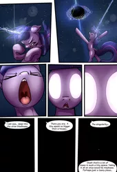 Size: 1920x2816 | Tagged: safe, artist:shieltar, derpibooru import, part of a set, twilight sparkle, pony, unicorn, comic:giant twilight, black hole, comic, female, giant pony, giantess, glowing eyes, glowing horn, horn, jewelry, macro, magic, magic circle, mare, necklace, open mouth, part of a series, pony bigger than a planet, pony bigger than a solar system, pony bigger than a star, rage, signature, size difference, solo, space, stars, unicorn twilight, uvula