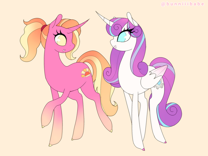 Size: 2048x1536 | Tagged: safe, artist:bunniiibabe, derpibooru import, luster dawn, princess flurry heart, alicorn, pony, unicorn, the last problem, duo, female, grin, looking at each other, mare, older, older flurry heart, ponytail, raised hoof, smiling