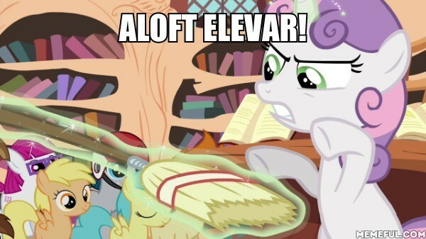 Size: 600x337 | Tagged: safe, derpibooru import, edit, edited screencap, screencap, burnin' rubber, featherweight, gallop j. fry, little red, mango dash, pipsqueak, rainy feather, sweetie belle, pegasus, pony, unicorn, twilight time, broom, caption, female, filly, foal, golden oaks library, image macro, magic, magic aura, meme, onward (movie), telekinesis, text