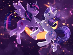 Size: 2732x2048 | Tagged: safe, artist:iimd, artist:imd, derpibooru import, rarity, twilight sparkle, twilight sparkle (alicorn), alicorn, pony, unicorn, blushing, commission, crescent moon, female, galaxy, lesbian, looking at you, mare, moon, rarilight, shipping, stars, ych result