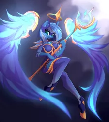 Size: 3909x4338 | Tagged: absurd resolution, anthro, anthro oc, artist:airiniblock, clothes, commission, derpibooru import, female, floating wings, league of legends, looking at you, mare, not luna, oc, oc:vivid tone, pegasus, safe, scepter, smiling, soraka, staff, unguligrade anthro, unofficial characters only, wand, wings