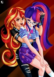 Size: 1000x1414 | Tagged: safe, artist:lord--opal, derpibooru import, sci-twi, sunset shimmer, twilight sparkle, vampire, equestria girls, bite mark, blood, clothes, fangs, female, glasses, human coloration, implied mind control, lesbian, no catchlights, open mouth, pants, scitwishimmer, shipping, skirt, sunsetsparkle, torn clothes, vampire shimmer