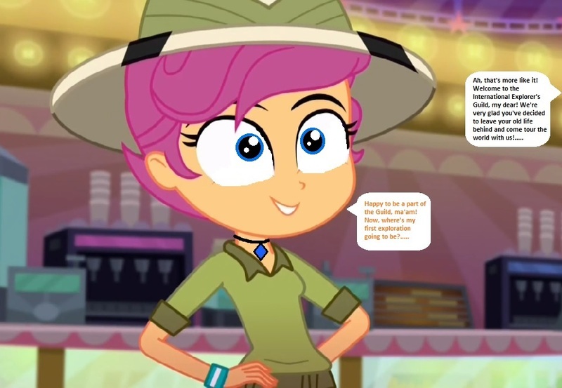 Size: 959x663 | Tagged: safe, derpibooru import, edit, edited screencap, editor:thomasfan45, screencap, scootaloo, eqg summertime shorts, equestria girls, the canterlot movie club, 1000 hours in ms paint, blue eyes, brainwashed, canterlot mall, clothes, concession stand, cropped, cute, cutealoo, daring do costume, description is relevant, female, hands on hip, hat, hypnosis, hypnotized, jewelry, mind control, necklace, offscreen character, pants, shirt, smiling, solo, speech bubble, story included, theater, wristband