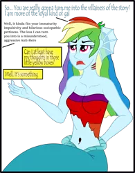 Size: 1654x2122 | Tagged: safe, artist:physicrodrigo, derpibooru import, part of a set, rainbow dash, mermaid, series:equestria mermaids, equestria girls, annoyed, author avatar, behind the scenes, belly button, clothes, deadpool, dialogue, dialogue box, earfins, female, fourth wall, gills, hand behind back, mermaidized, midriff, offscreen character, open mouth, papyrus (font), part of a series, raised hand, shirt, simple background, sitting, solo, species swap, speech bubble, text box, transparent background