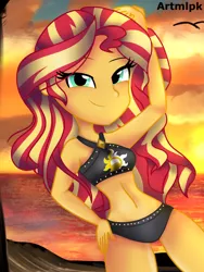Size: 1536x2048 | Tagged: safe, artist:artmlpk, derpibooru import, sunset shimmer, equestria girls, equestria girls series, adorasexy, adorkable, beach, beach babe, beautiful, belly, bikini, clothes, cute, dork, hair, hand on head, hand on hip, looking at you, ocean, outfit, sexy, shimmerbetes, smiling, smiling at you, smirk, smug, smugset shimmer, solo, summer sunset, sunset, swimsuit, two piece swimsuit