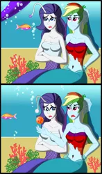 Size: 2341x3976 | Tagged: safe, artist:physicrodrigo, derpibooru import, part of a set, rainbow dash, rarity, twilight sparkle, angler fish, fish, mermaid, series:equestria mermaids, equestria girls, belly button, breasts, bubble, busty rainbow dash, busty rarity, cleavage, clothes, coral, crossed arms, dragon ball (object), dress, duo focus, earfins, female, frown, gills, hand behind back, high res, holding up, mermaidized, midriff, ocean, open mouth, part of a series, shirt, sitting, species swap, threat, torn clothes, two panels, underwater, worried