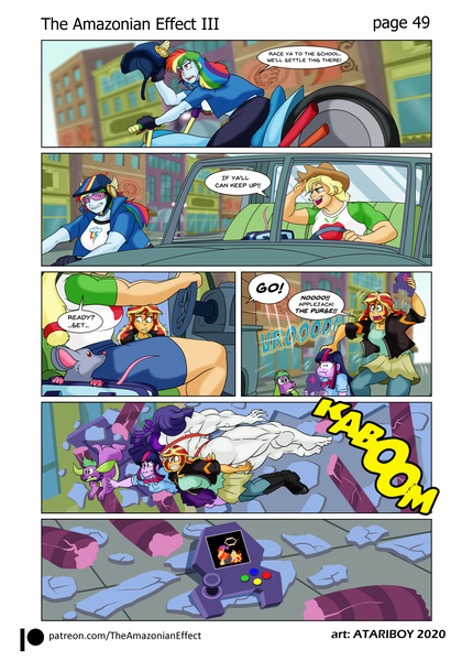 Size: 2726x3802 | Tagged: safe, artist:atariboy2600, artist:bluecarnationstudios, derpibooru import, applejack, rainbow dash, rarity, sci-twi, spike, spike the regular dog, sunset shimmer, twilight sparkle, dog, human, mouse, comic:the amazonian effect, comic:the amazonian effect iii, equestria girls, amazonian, breasts, busty applejack, busty rainbow dash, clothes, comic, destruction, donkey kong, donkey kong (arcade), female, helmet, high res, jacket, jumpman, knocked out, motorcycle, muscles, muscular female, open mouth, overdeveloped muscles, purse, race, ripped rarity, speech bubble, sunglasses, truck, video game
