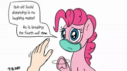 Size: 1200x675 | Tagged: safe, artist:pony-berserker, derpibooru import, pinkie pie, earth pony, human, breaking the fourth wall, coronavirus, covid-19, covidiots, face mask, frog (hoof), hand, looking at you, mask, social distancing, surgical mask, talking to viewer, underhoof